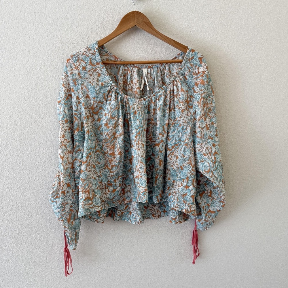 Anthropologie Floral Kimono Blouse Top Womens M Blue Brown Cotton Boho Festival